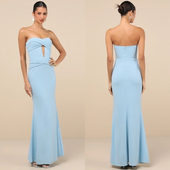 Lulus Elegant Finesse Light Blue Pleated Cutout Maxi Dress Wedding Party Prom - Picture 1 of 10
